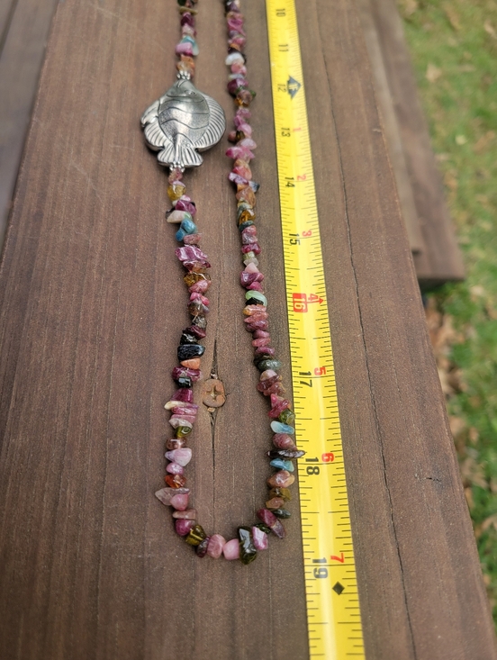 Sterling-Tone Fish Pendant Belt or Necklace with Multicolor Tourmaline Chips - Picture 2 of 6